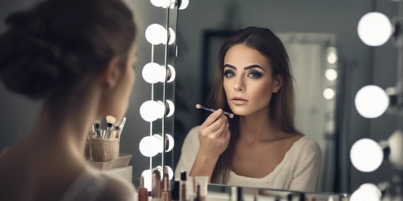 pretty girl looking in mirror