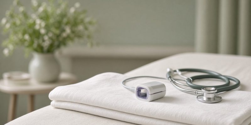 Pulse oximeter and stethoscope resting on folded white linens in a calm recovery room, illustrating anesthesia education at Janjua Facial Surgery in Bedminster, NJ