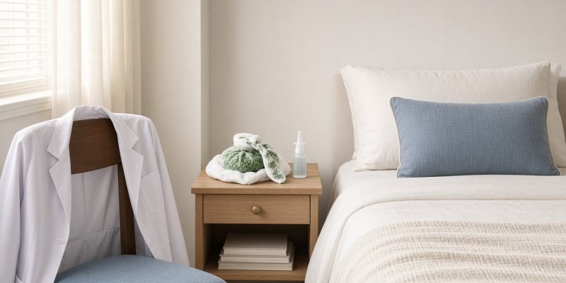 White doctor's coat on a chair beside a calm recovery bedside with a cold compress and saline spray, illustrating rhinoplasty recovery at Janjua Facial Surgery in Bedminster, NJ