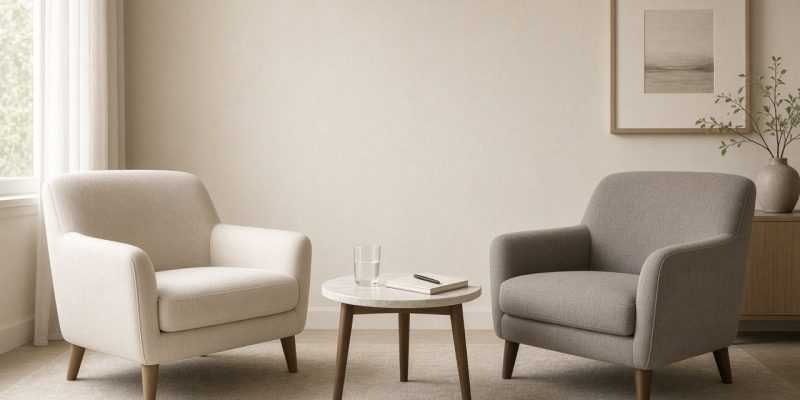 Two empty armchairs facing each other in a softly lit consultation room, suggesting honest conversation at Janjua Facial Surgery in Bedminster, NJ